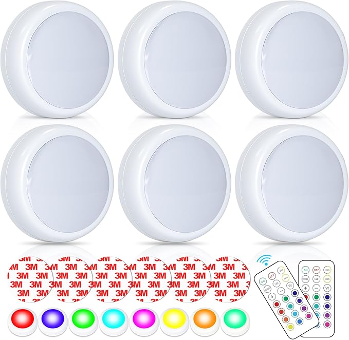 Battery Operated LED Puck Lights with Remote RGB 13 Color Changing Wireless Stick On Closet Push Lights Under Cabinet Lighting with Dimmable & Timing Function for Xmas Decor