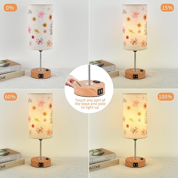 Flower Touch Table Lamp,3-Way Dimmable Bedside Lamps with USB Port and Outlet,Cute Lamp with Wood Grain Base,Vintage Lamp for Bedroom,Dormitory,Room Decor,flower2