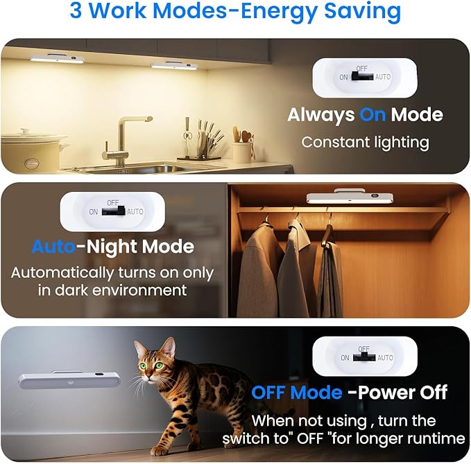 Motion Sensor Light Indoor with Battery Display,3000mAh Rechargeable Under Cabinet Lighting Magnetic Light Bar 300LM Battery Operated Closet Light Makeup Lights Stick On (White-A, Touch Control)
