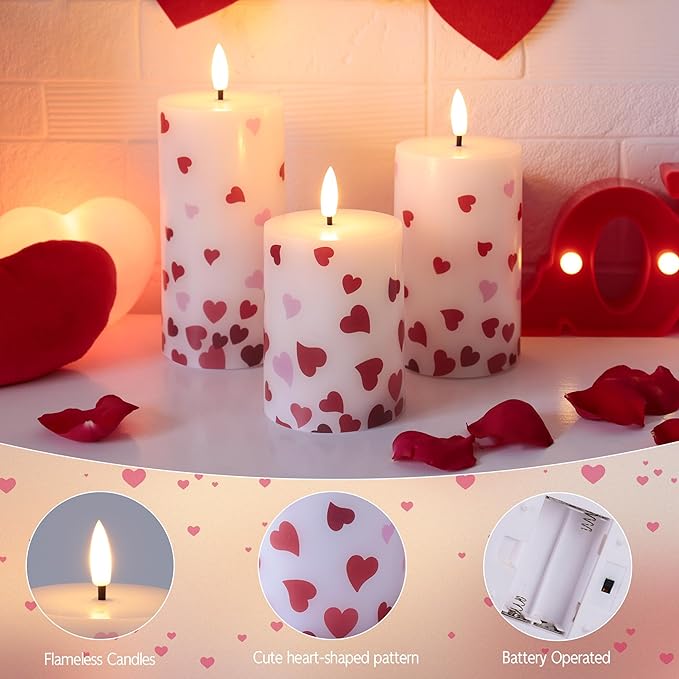 Flameless Pillar Candles with Remote, 3 Pack Battery Operated Real Wax LED Candles, Perfect for Home Decorations Fireplace Table, Heart Sticker