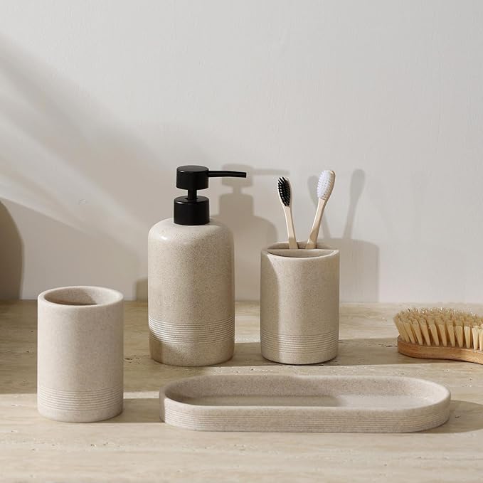 Bathroom Accessories Set, 6 PCS Modern Bathroom Accessory Set with 13.5 OZ Soap Dispenser, Toothbrush Holder, Vanity Tray, Tumbler, 2 PCS Qtip Holders (Beige 4PCS)
