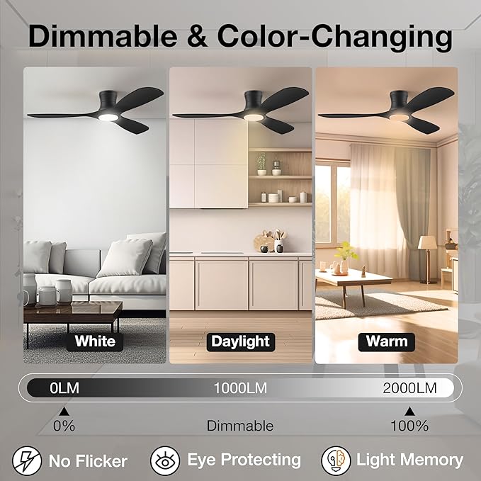 52inch Wood Ceiling Fans with Lights and Remote,Low Profile Modern Black Ceiling Fan with Light,Outdoor Indoor Flush Mount Ceiling fan,for Bedroom Living room Patio,3 Blades,Dimmable LED,Quiet