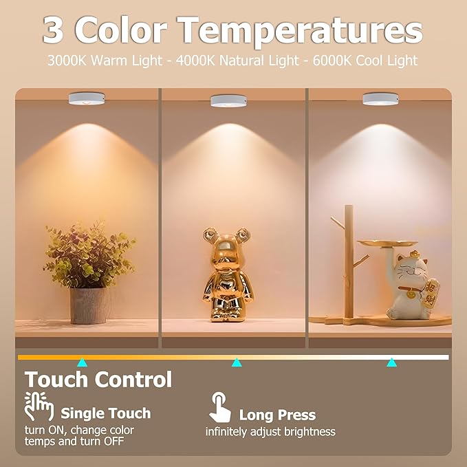 Rechargeable Puck Lights, 3 CCT & Dimmable Under Cabinet Lighting Wireless Magnetic Battery Operated Closet Light 2W 70LM White(5 Pack, Remote Control not Included)