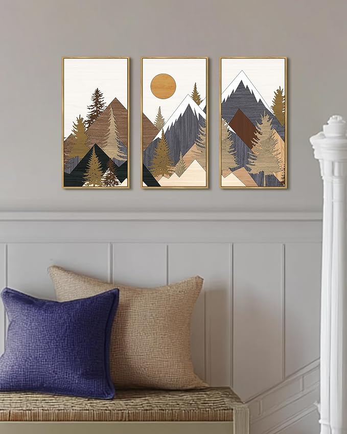 KUVIOKE Mountains Framed Wall Art Sun Range Landscape Wall Decor Farmhouse Bedroom Living Room Ready to Hang 8x16in3pcs Natural Framed