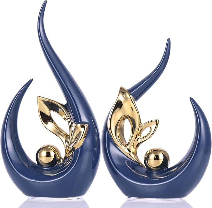 XMGZQ Blue Gold Ceramic Statues for Home Décor Accents,Abstract Art Mid Century Modern Decor,Elegantes Centerpiece Table Decorations,Navy Sculpture for Entryway,Bookshelf,Tv Stand,Mantel,Coffee Table