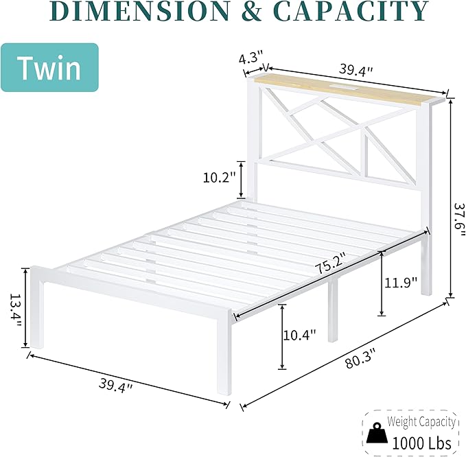 Twin White Metal Bed Frame with USB Charging Station, LED Ambient Lighting, and Wooden Storage Headboard - Includes Under-Bed Storage, No Box Spring Needed, Noise Free, Easy to Assemble