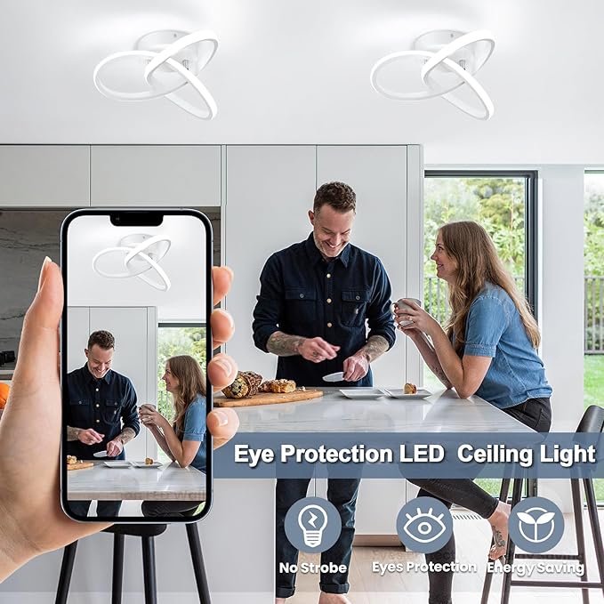 CANEOE Hallway Light Fixtures 6000K Cool White Modern Led Ceiling Light Fixtures Close to Ceiling Light for Hallway Kitchen Bedroom Bathroom Curved Design Ceiling Lamps