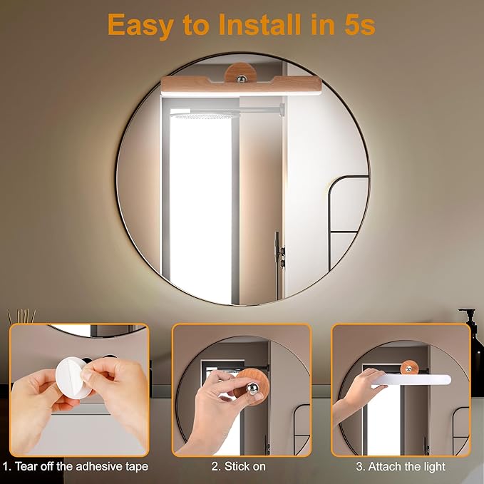 2 Pack Vanity Lights for Mirror with 4000mAh Rechargeable Battery, Touch Control Dimmable Makeup Light with 3 Color Modes, Magnetic 360° Adjustable LED Bathroom Mirror Light, Light Wood