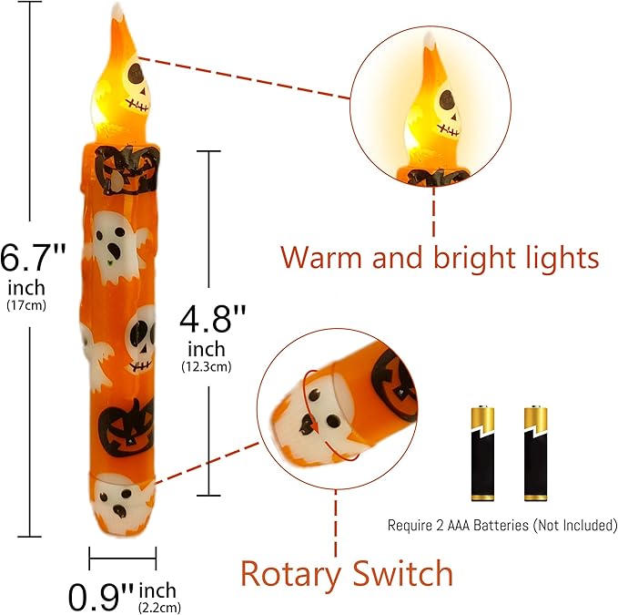 Halloween Candlesticks Flameless Taper Candle, 4pcs Printed LED Tapered Candles Remote Dipped Candle 6inch Battery Chandelier for Enchanting Weddings and Harry Potter Inspired Vigils(Hall)