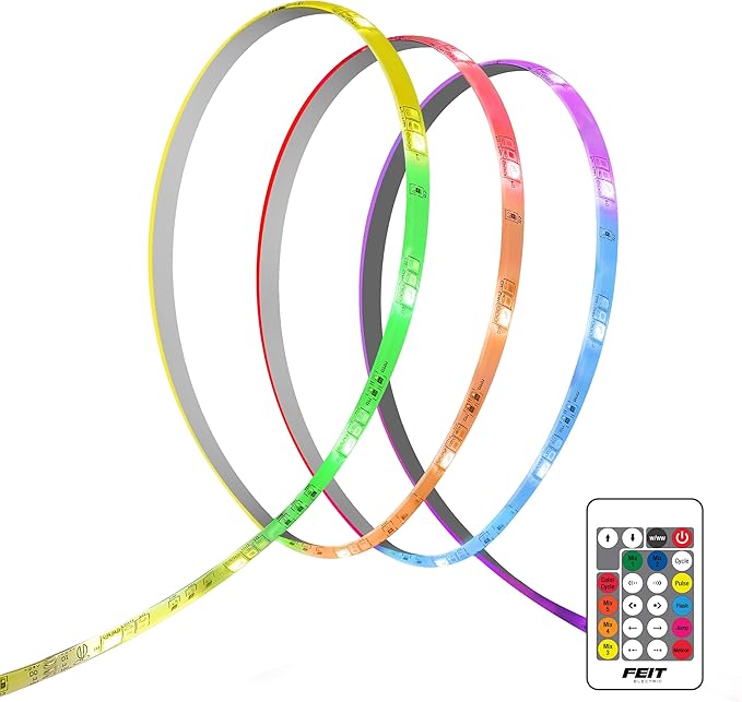 Feit Electric 100ft Chasing & Tunable White LED Tape Light, Dimmable, RGB Colors, Cuttable for Custom Fit, Slim 0.4-Inch Width, Indoor/Outdoor Plug-in Light Strip, Remote Controlled, TAPE1200/CHASE