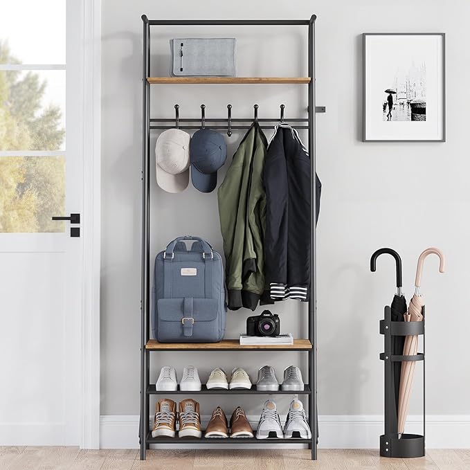 Coat Rack Hall Tree with Shoe Storage Bench, 4-in-1 Entryway Bench with 6 Hooks & 3-Tier Shoe Rack, Metal Frame for Entryways, Freestanding Coat Racks Storage for Entryway, Hallway, Front Door