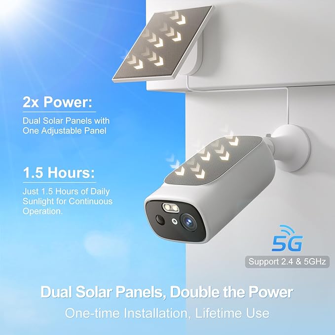 2K Solar Camera Outdoor Wireless-5/2.4Ghz WiFi Cameras for Home Security, AI Motion Detection, Color Night Vision, SD Card/Cloud Storage, Waterproof, Compatible with Alexa/Google Home (3 Cameras)