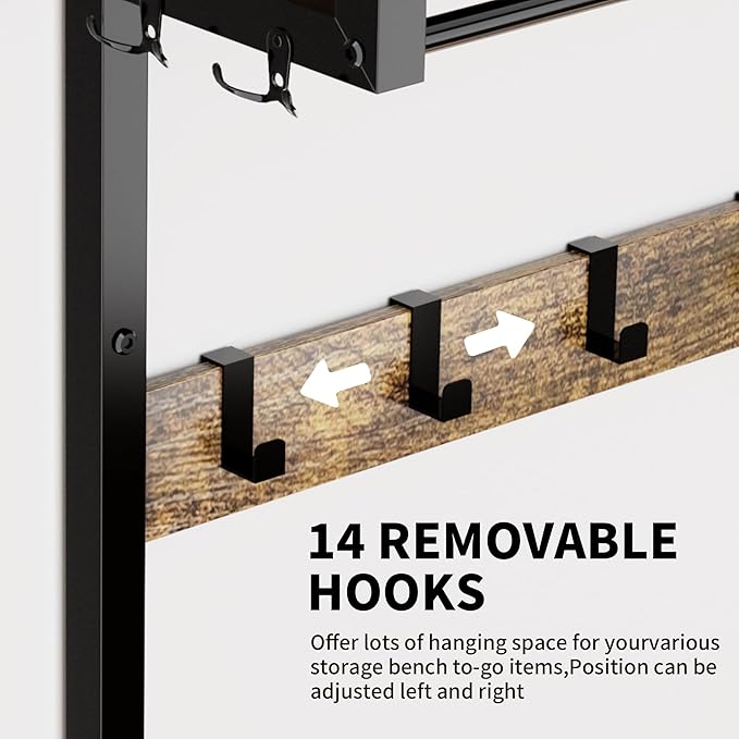 Entryway Hall Tree Bench Organizer, Coat Garment Rack Shelf Rail, Shoe Storage Tiers, Two Sliding Fabric Drawers, Movable Hooks Set, Hanger Rod, Metal Frame, Corner Mudroom Foyer Closet Stand