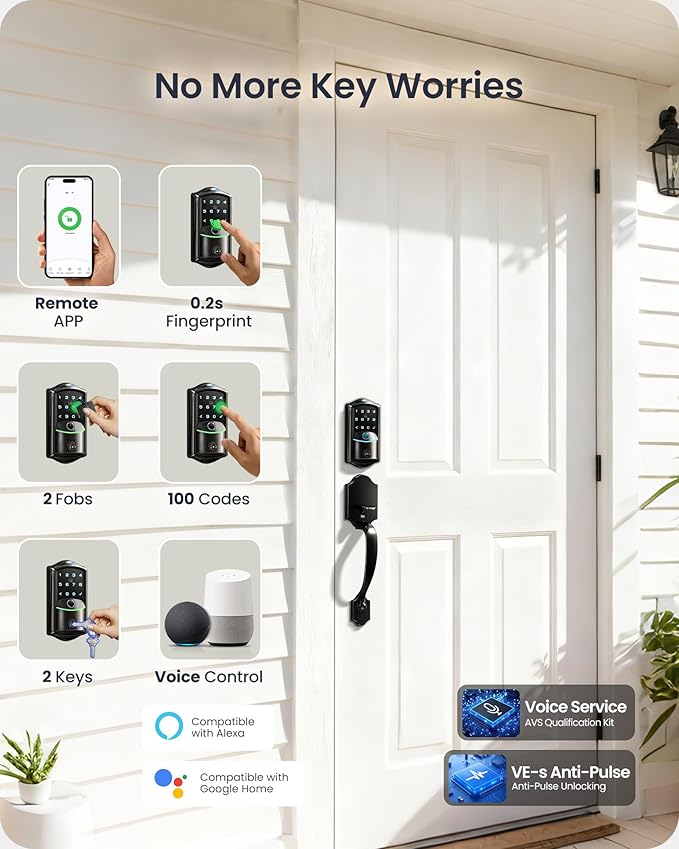 Veise VE027-H Built-in Wi-Fi Fingerprint Smart Deadbolt Lock with Handleset, App Remote & Voice Control, Keyless Entry Front Door Lock Set, Touchscreen Keypad, Auto-Lock, Easy Setup, Matte Black