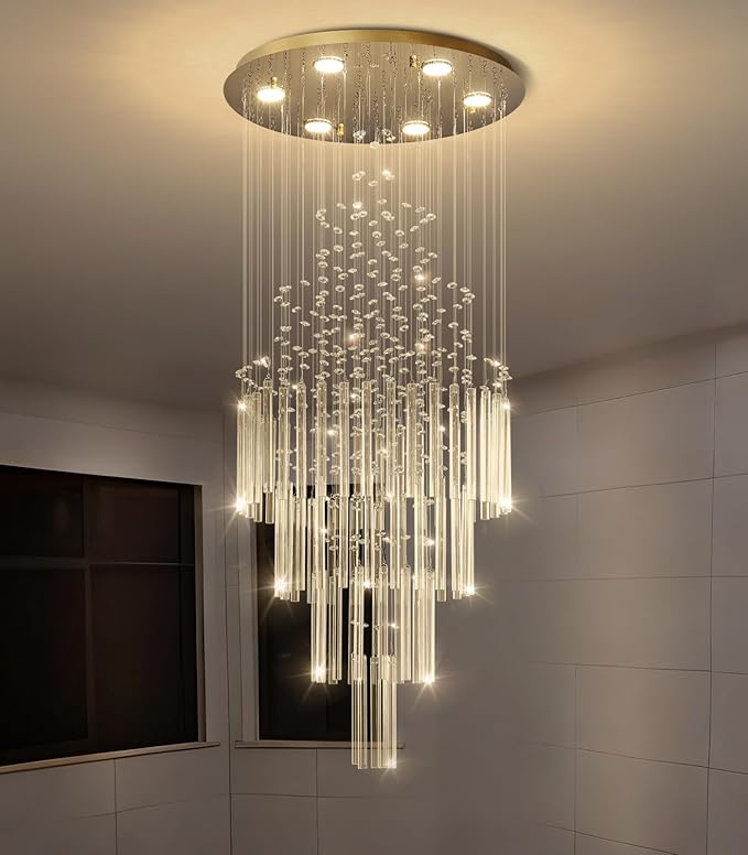 W20 x H40 Crystal Glam Chandelier Long Light Chandeliers with Dimmable Light Bulbs High Ceiling Light Fixtures for Foyer Entryway Living Room Stair Gold