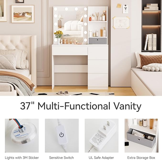 Fameill Makeup Vanity with Lights, 37inch Vanity Desk with Mirror and Lights 4 Drawers, 3 Lighting Modes Brightness Adjustable, White