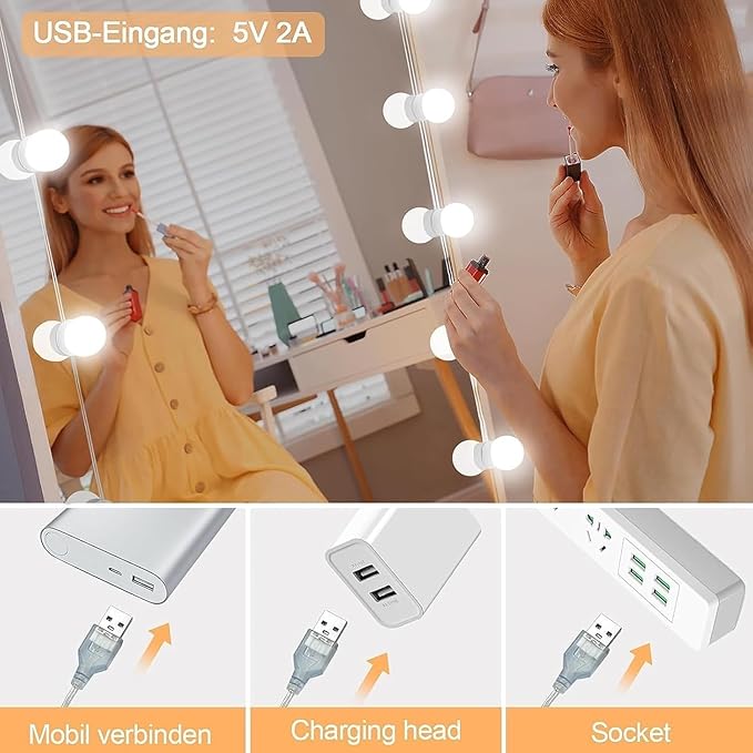 Vanity Lights for Mirror, Hollywood Style Vanity Lights with 10 dimmable Bulbs,Adjustable Color & Brightness,USB Cable(No Mirror Include)