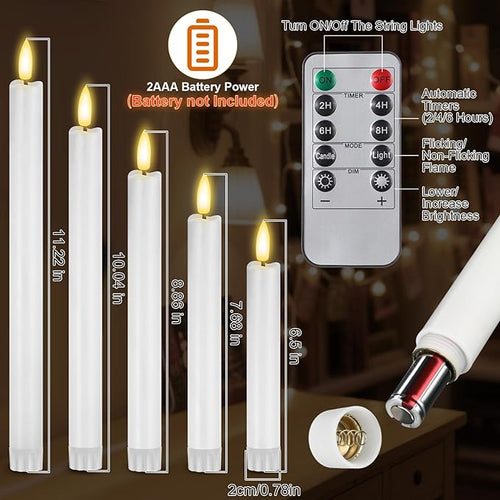 10 Pcs Flameless Taper Candles with Remote Battery Operated Taper Candles Include 6.5'' 7.7" 8.9" 10" 11.2" Fake LED Electric Candle Sticks for Valentine's Day Home Wedding Decor (White)