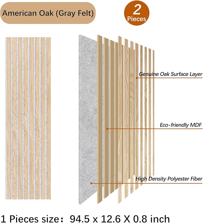 Wood Slat Wall Panel - 2 PCS Slat Wall Paneling, Natural Oak Wood Veneer Sound Dampening Wall Panels - Wood Panels for Wall 12.6" W x 94.5" L