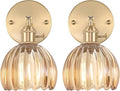 Vintage Wall Sconces Set of 2 with Amber Tulip Glass Lampshade 180 Degree Adjustable Brass Sconces Hradwired Modern Wall Lighting Fixture with Switch for Bedside Bedroom Doorway