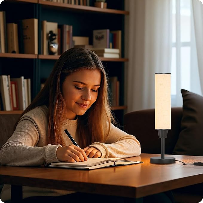 Table Lamp with Remote，Bedside Lamps for Night Stands, Nightstand Lamp with Adjustable Brightness (10%-100%) and Color Temperature (3000k-6000k),Small Lamp for Bedroom (Black - Beige Linen)