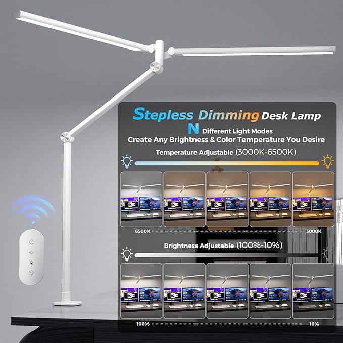 LED Desk Lamp, Double Swing Arm Wide Lighting Area Desk Lamps for Home Office with Stepless Dimming, Eye-Caring Architect Desk Light with Clamp for Reading, Study, Workbench, Drafting(White)
