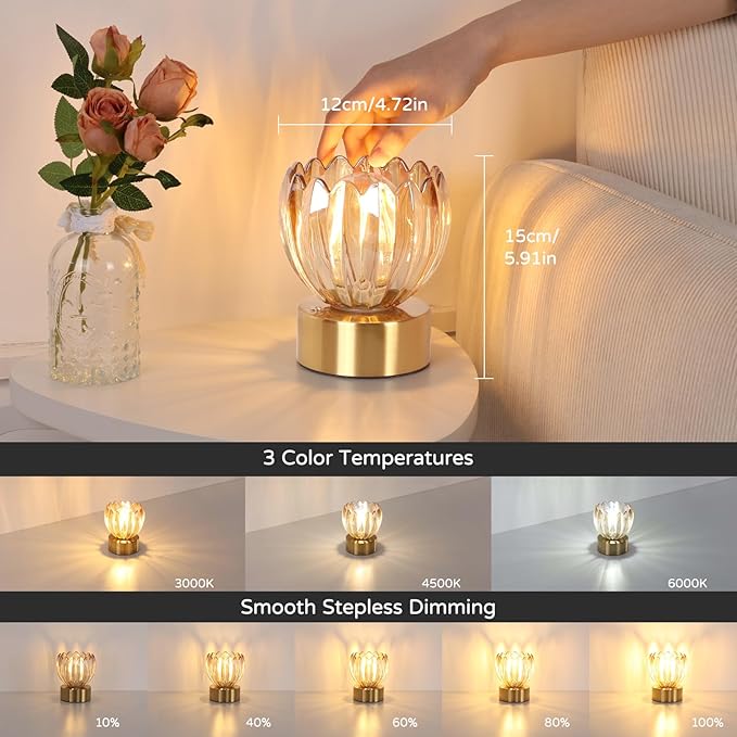Cordless Small Table Lamp with 5200mAh Battery & Touch Control, Battery Operated Tulip Table Lamp with 3 Colors, Rechargeable Mini Table Lamps for Bedsides, Bedroom, Nightstand (Amber)