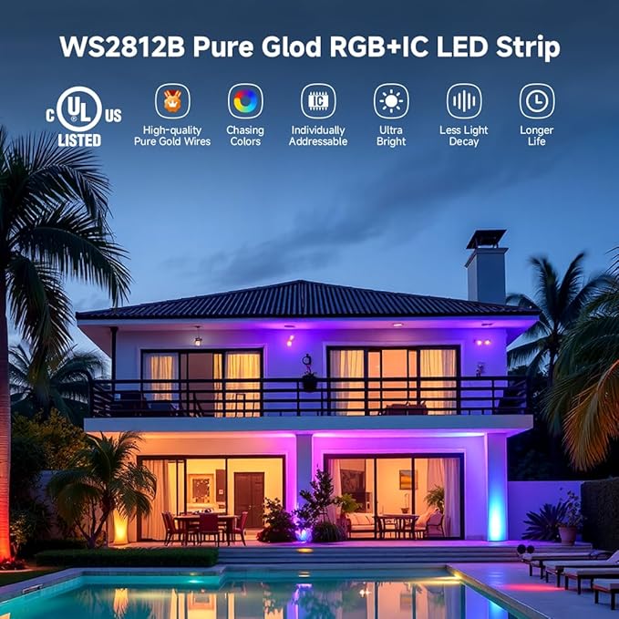 BTF-LIGHTING WS2812B IC RGB LED Strip,UL Listed,Pure Gold Wires,DC5V 3.28FT 144LED 5050SMD,Individually Addressable,Flexible for DIY Chasing Full Color Project,3M Tape,IP30(No Adapter or Controller)