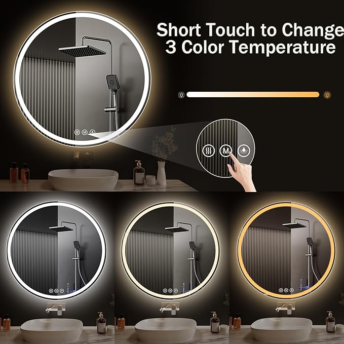 LED Bathroom Mirror 28 Inch Round Bathroom Mirror with Lights, Circle LED Mirror, Wall Mounted Lighted Bathroom with 3 Colors Brightness, Anti-Fog, Dimmable, Shatter-Proof