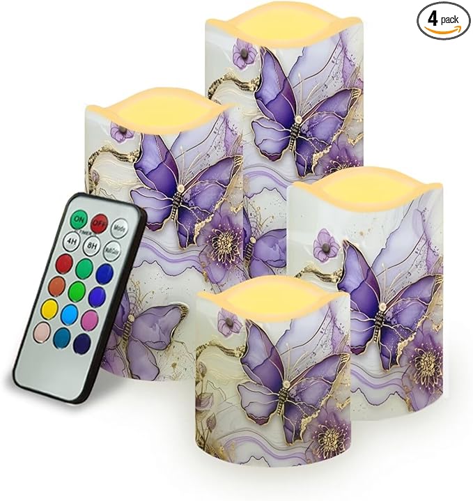 Purple Butterfly LED Pillar Candles Bulk Set of 4 with Timer Remote Color Changing Electric Fake Candles for Home Decorations