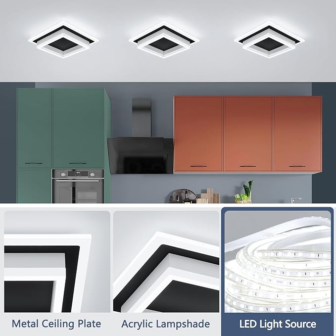 32W Modern LED Ceiling Light, Small Flush Mount Light Fixture, 6000K Cold White Ceiling Lamp, Square Hallway Lighting Fixtures for Living Room Bedroom Bathroom Kitchen (Black, Cold White)