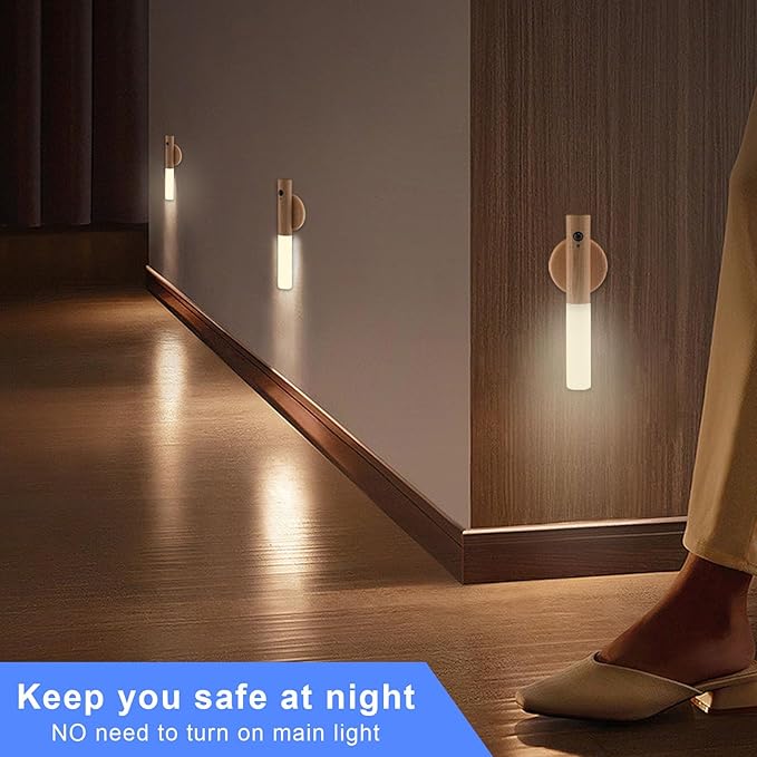 LANDGOO LED Automatic Motion Sensor Lights Wall Lamps Set of 2 Sconces Battery Operated Rechargeable Portable Magnetic 360° Rotation Cordless for Bedroom Bedside (White Ash Wood 2pcs)