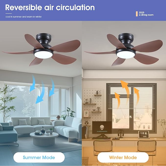 36 Inch Modern Ceiling Fans with Lights, Small Flush Mount Ceiling Fan with Light and Remote/APP Control, 5 Reversible 6 Speeds Curved Blades, 3 CCT Dimmable Lights for Kids Room, Brown