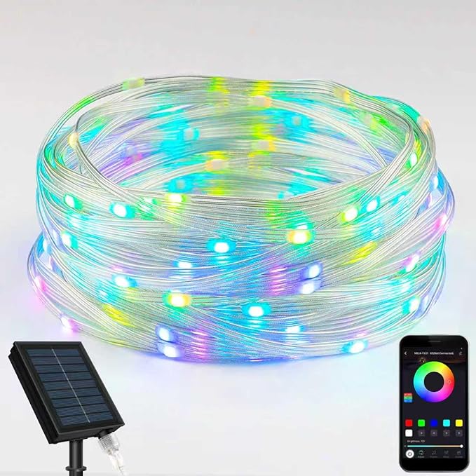 LED Outdoor Solar String Lights, 38FT 100 RGB LEDs, Solar Christmas Lights IP65, Supports APP/Music/8 Modes, Solar Outdoor String Lights for Patios, Gardens, Trees, Easter Decorations