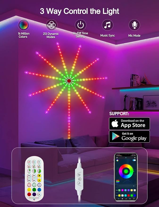 Daymeet Smart Firework LED Lights, ICRGB Dream Color LED Lights for Bedroom, LED Strip Lights with Remote App Control, Color Changing Music Sound Sync Light for Bedroom, Christmas Decorations