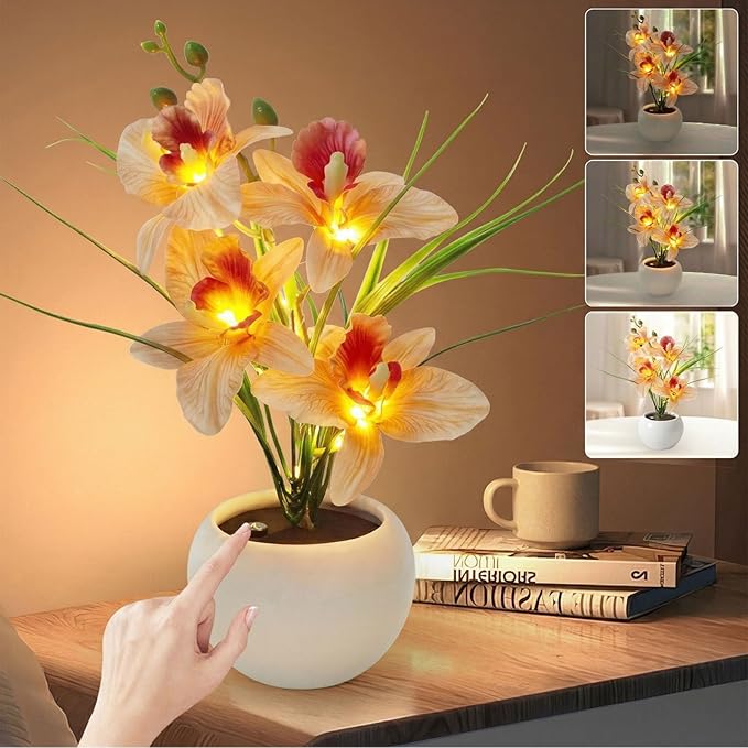 Artificial Flower Night Light, Touch Stepless Dimming USB Rechargeable Orchid Flower with Vase Lamp, LED Table Lamp Decorative Landscape Lights for Festival Party Home Decor (Champagne)