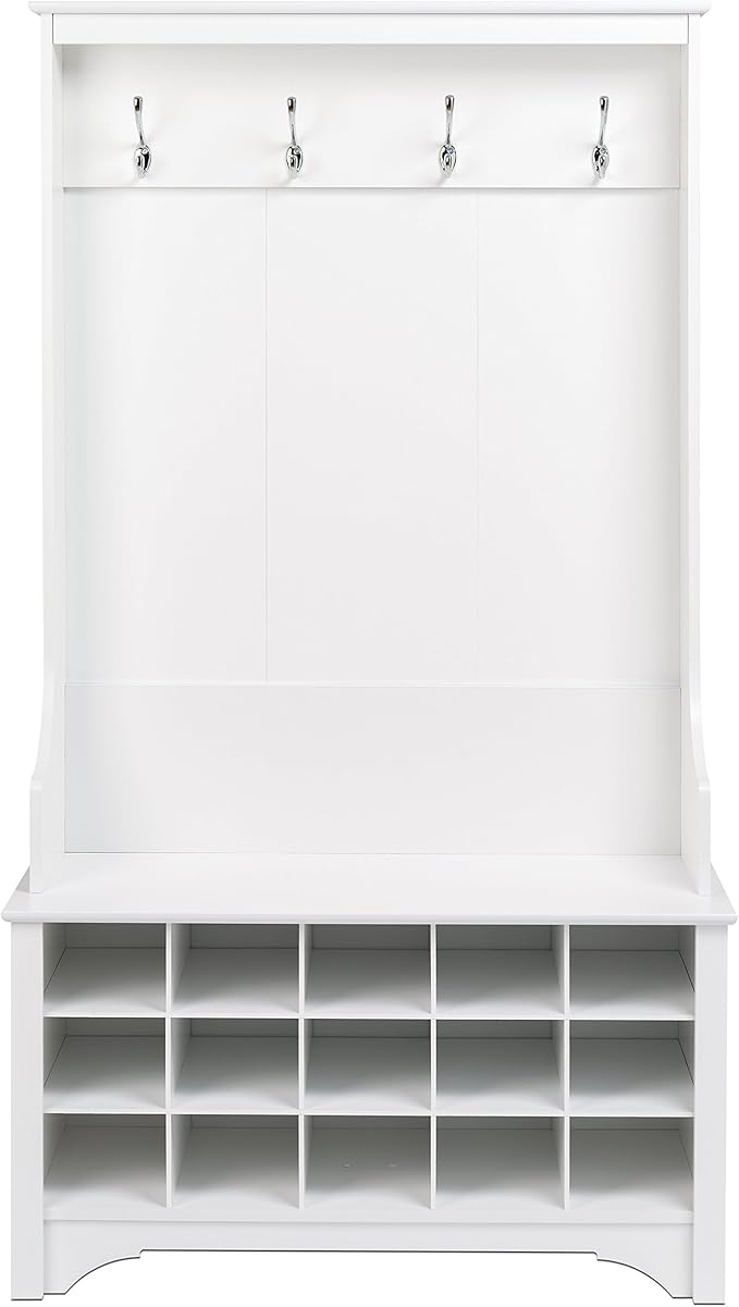 Prepac Entryway Organizer, Coat Rack, Hall Tree features 4 Hooks for Coat Storage, & Hanging Bags; Furniture for Entryway with Bench & 15 Cubbies for Shoe Storage, 38” W x 68” H x 15.5” D, White