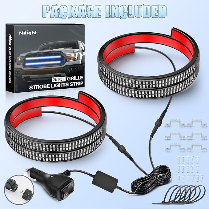 Nilight 2PCS 24 inch Truck Grille Strobe Lights Strip 384 LED Emergency Light Blue Flexible Side Flashing Warning Caution Safety Waterproof Lighting Kit for Trucks Tow Plow Construction Vehicles