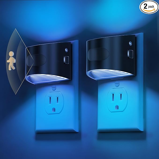 L LOHAS LED Night Light with Motion Sensor & Dusk to Dawn Sensor, Night Lights Plug into Wall with 30-100lm Adjustable Brightness, Dimmable Night Light for Bathroom Hallway, Blue, 2 Pack