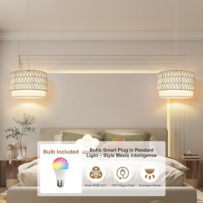 Hanging Lamp Plug in Pendant Light, 15FT White Hanging Lights with Plug in Cord, Hanging Light with Bulb and Remote, Hanging Lamps for Bedroom, Living Room, Kitchen, Farmhouse