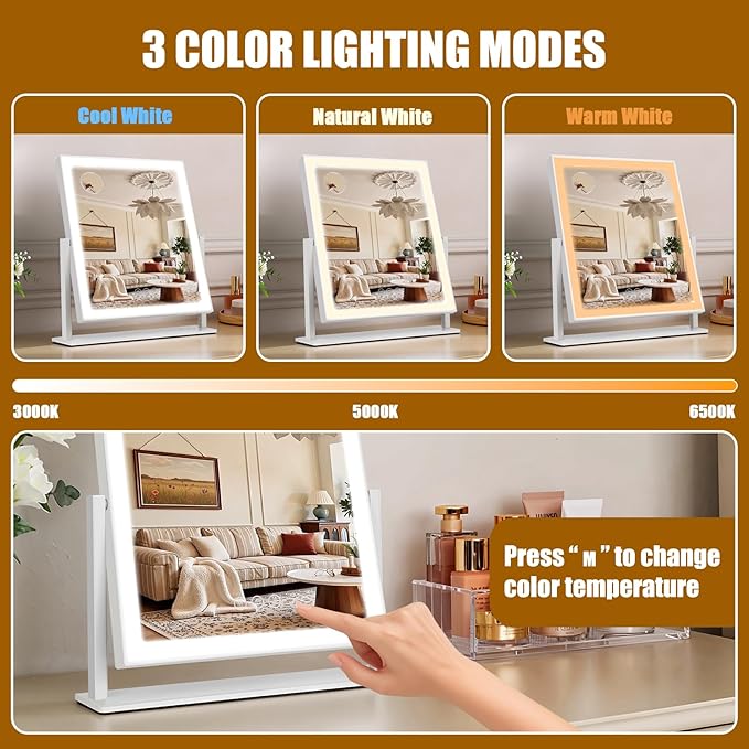 Vanity Mirror with Lights 16.5"x 14.5", LED Makeup Mirror, 3 Color Lighting Modes, 10X Magnification, Smart Touch Control, Dimmable, Aluminum Metal Frame, Lighted Up for Vanity Desk (White)