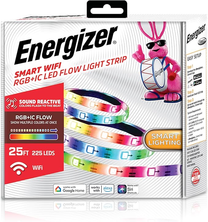 Energizer Smart RGB+IC LED Light Strip, 25 Foot Indoor Wi-Fi Color Flow LED Light Strip, Sound Reactive, Remote Access, Voice Control with Alexa, Siri, Google, Grouping, Scheduling, No Hub Required
