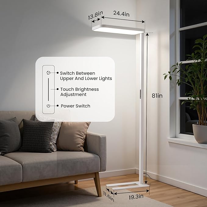 Full-Spectrum LED Floor Lamp, CRI 98 Eye-Comfort Reading Lamp, 7000 LM 4000K Natural Daylight Standing Light with Stepless Dimming, Heavy-Duty Base for Home Office and Study Room