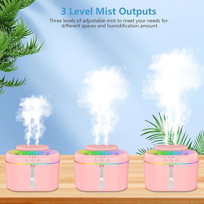 2L humidifiers for bedroom Room Home Ultra-Quiet 28 dB Quiet Supersized Cool Mist Air Humidifier for Baby Nursery，Dual Nozzie，Easy to Clean & Fill, 7 Color NightLight (Light Pink)