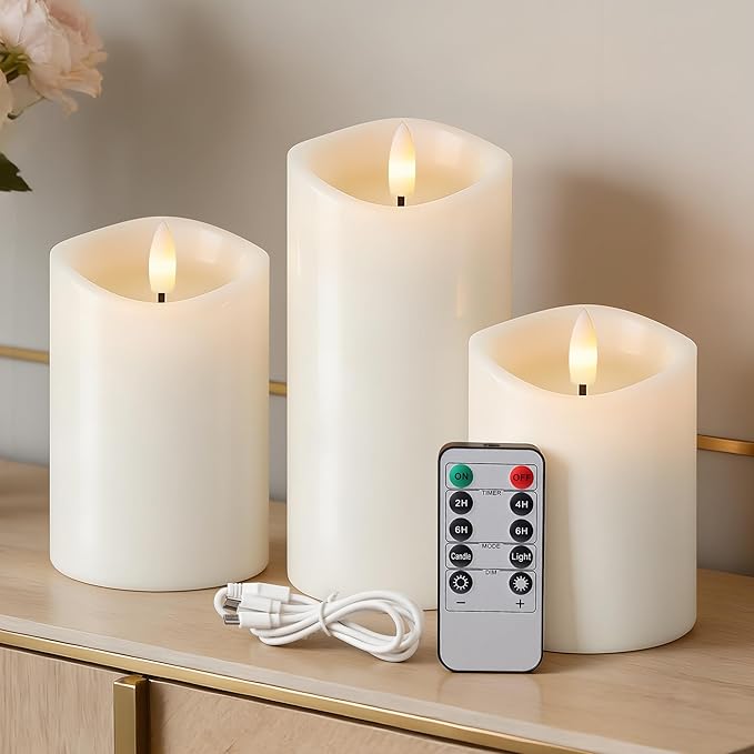 Rechargeable Flickering Flameless Candles Melted Edge Battery Operated with Remote and Timer, Real Wax LED USB Type-C Pillar Candles, Set of 3 (3" x 4",5",6"), White,Spring Home Decor