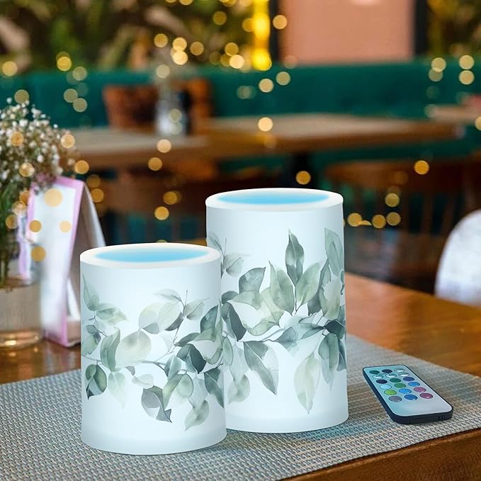 Watercolour Leaf Pattern Flameless Candles Color Changing LED Candles with Remote Control Battery Candles for Outdoor and Indoor Home and Room Decoration, 3'' x 4''/5'' Set of 2 Pieces