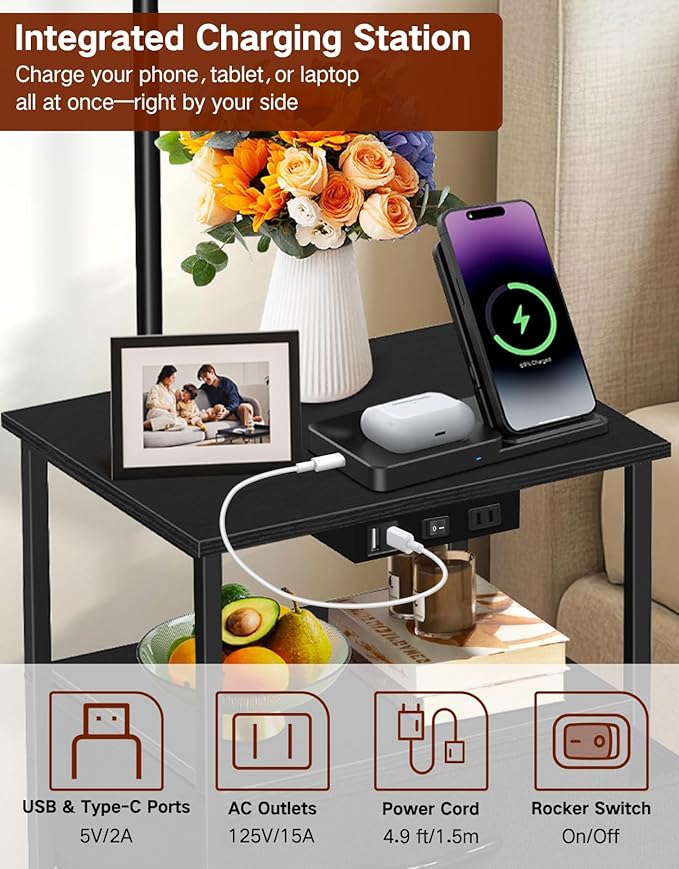 Floor Lamp with Table, 2 Drawers & Rattan, Side End Table with Charging Station, Dimmable Nightstand with 3 Color Temperature, 1-Hour Timer, 12W LED Bulb, for Living Room, Bedroom(Black)