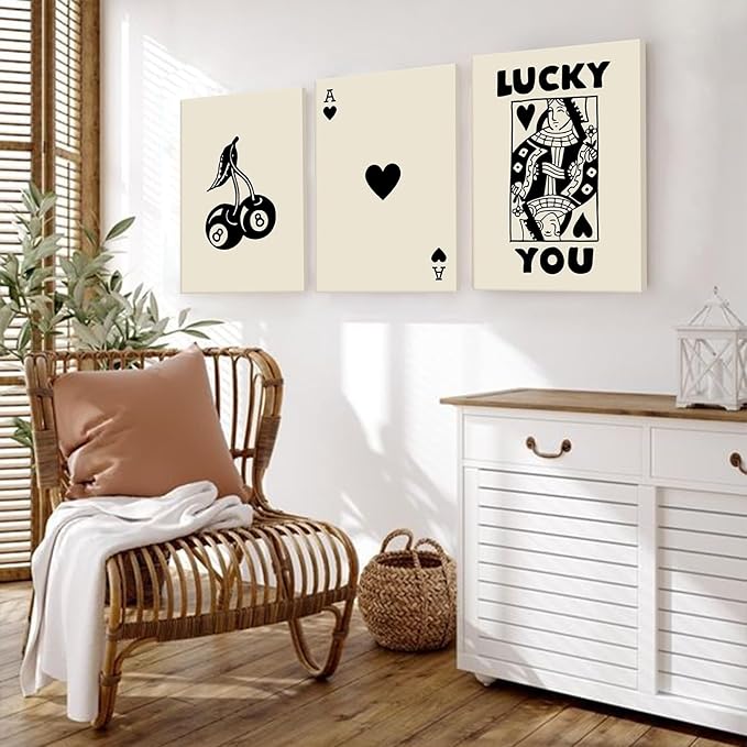 TWNSLLA Framed Retro Wall Art Set of 3 Lucky You Posters,Beige and Black Wall Art Decor,Trendy Queen Poker Ace Card Canvas Art Prints,Minimalist Modern Wall Decor Living Room Vintage Farmhouse Bathroom Decor Wall Art,12"x16"