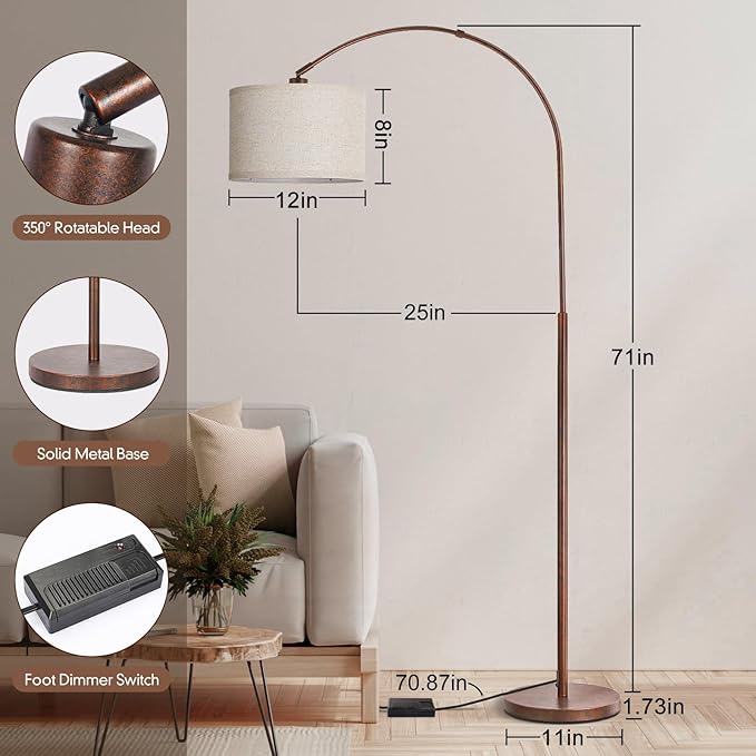 Dimmable Arc Floor Lamps for Living Room, Mid Century Floor Lamp, Antique Bronze Standing Lamp with Adjustable Hanging Shade, Tall Pole Lamp Reading Light for Bedroom, Over Couch, 9W LED Bulb Included