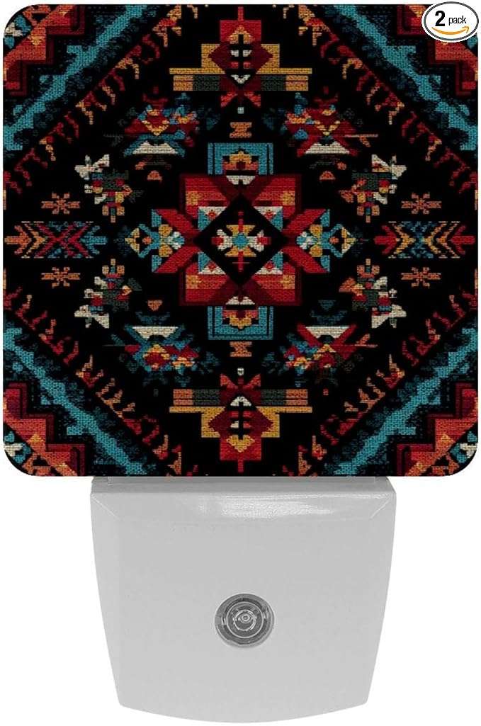 2 Count Tribal Navajo and Native LED Night Light, Plug-in, Dusk-to-Dawn Sensor, Energy Efficient, Ideal for Bedroom, Bathroom, Stairs, Hallway